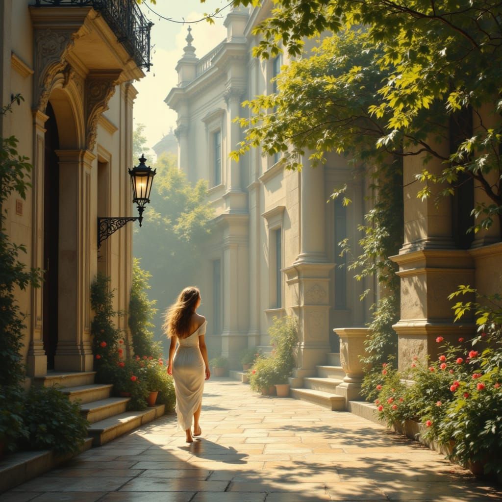 Woman Walking on Sunlit Street in Rococo Style