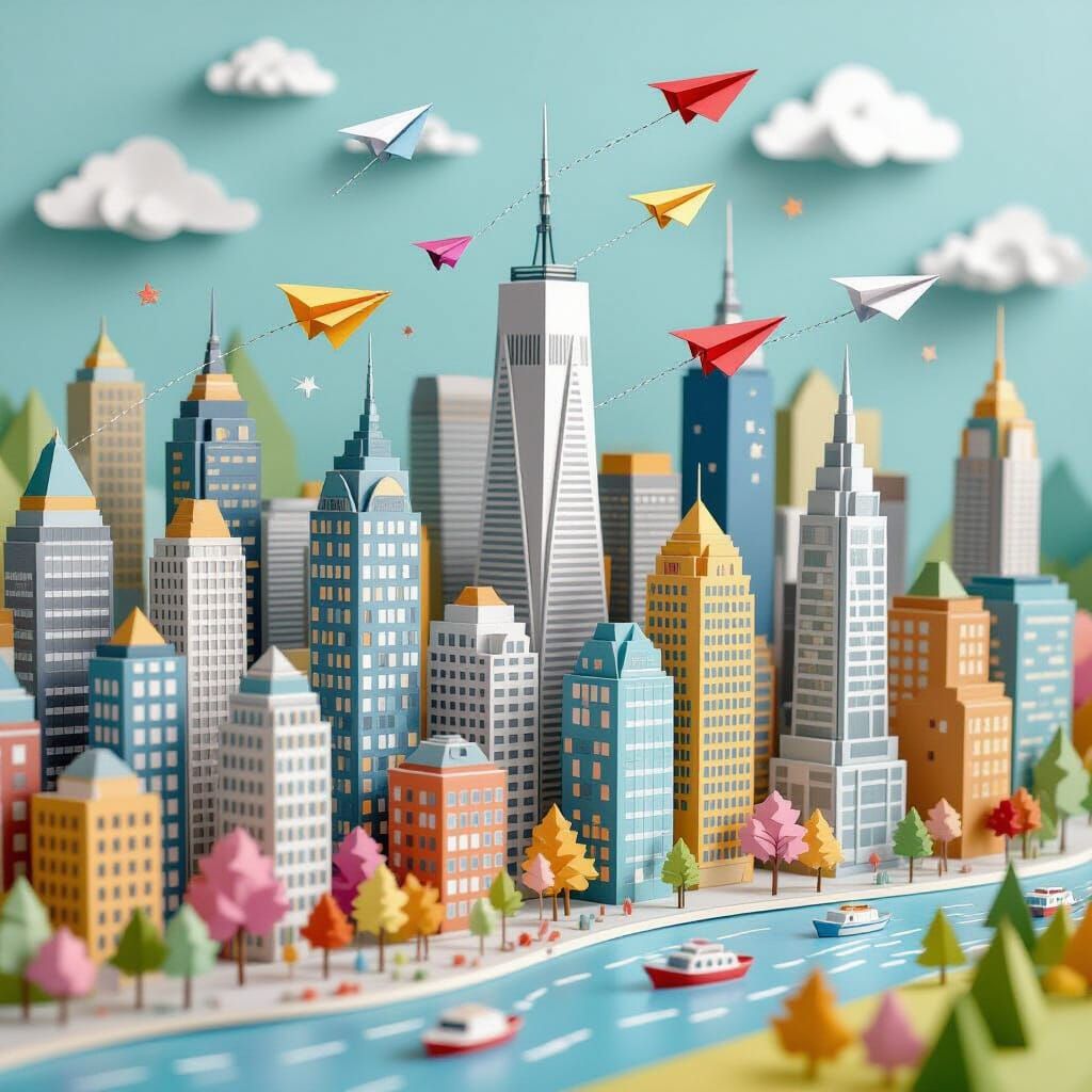 Whimsical Paper Cityscape with Flying Airplanes