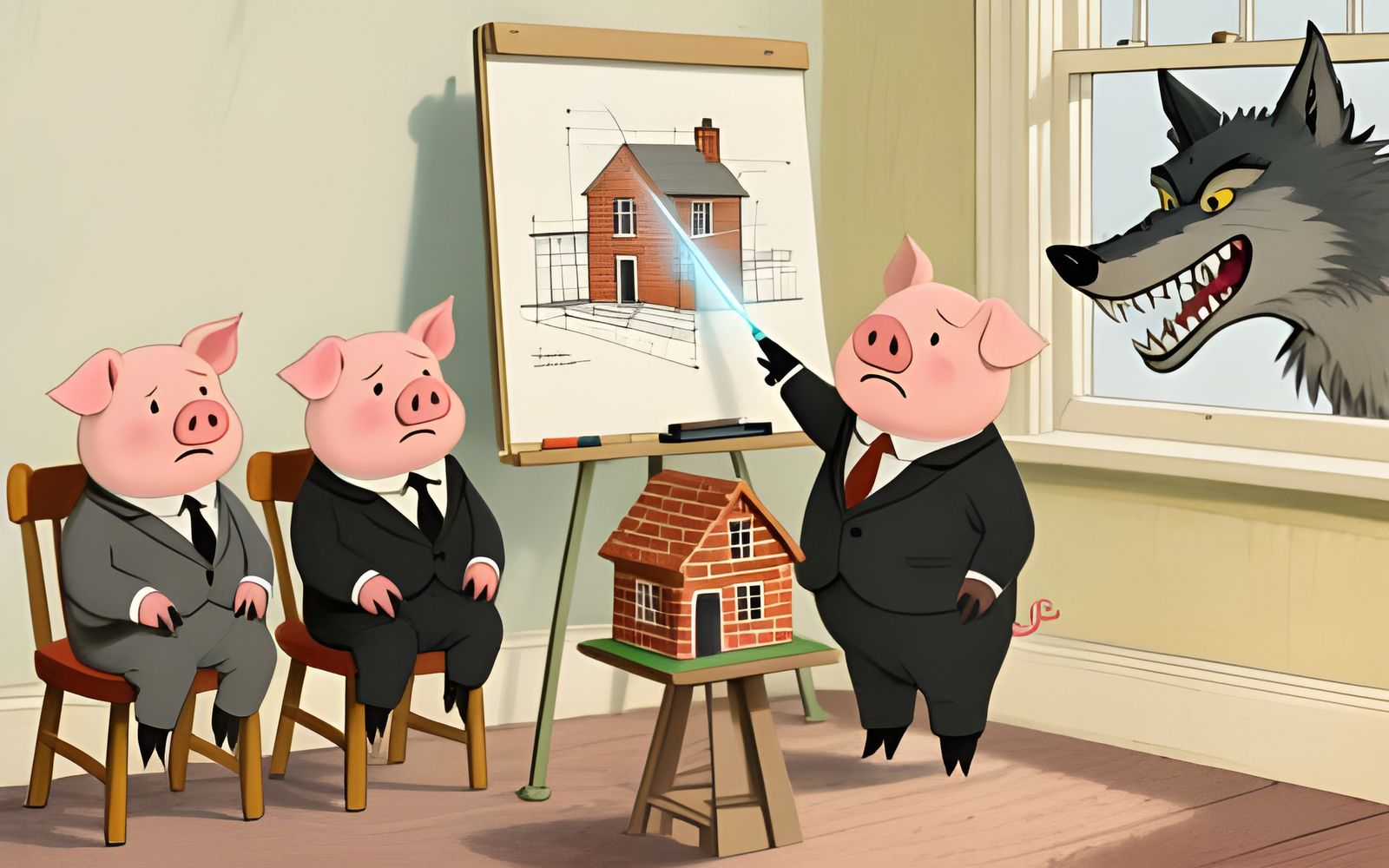 Piglets in Suits Present House Plans to Grinning Wolf
