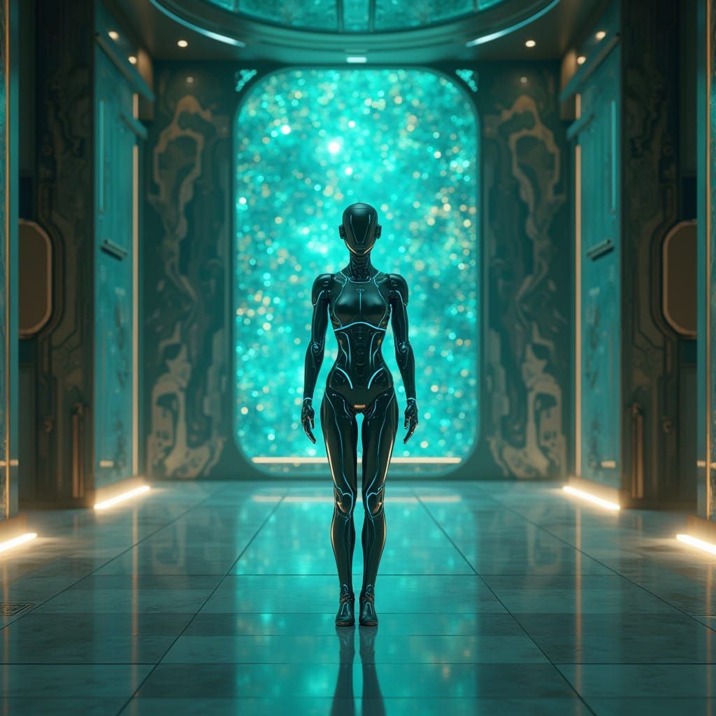 Futuristic Receptionist in High-Tech Lobby with Circuitry Pa...