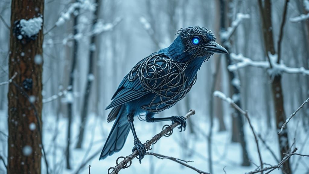 Wire Bluejay in Blizzard, Industrial Mystical Art