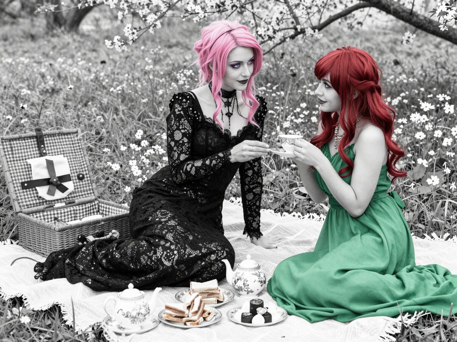 Gothic and Japanese Women Enjoy Tea in Spring Flowers