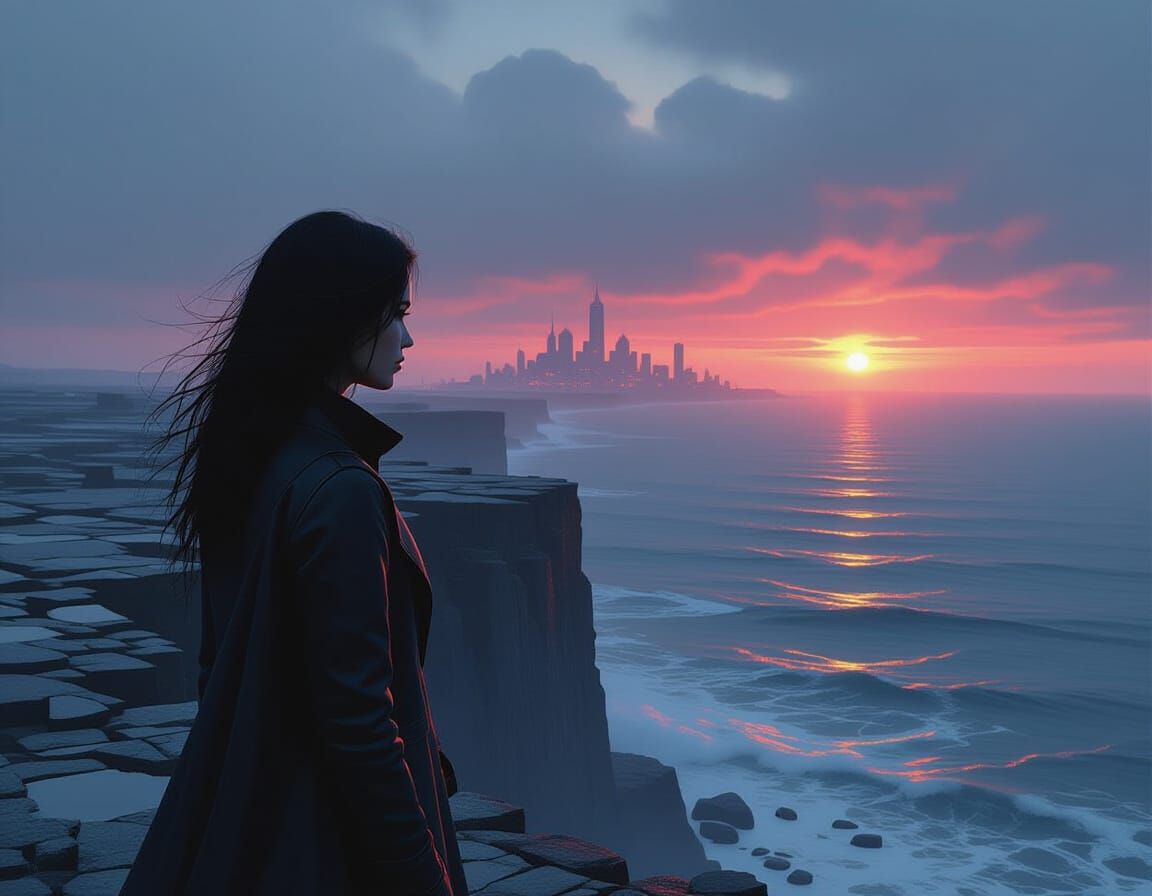 Woman Gazing at Stormy Sea on Crumbling Cliffside