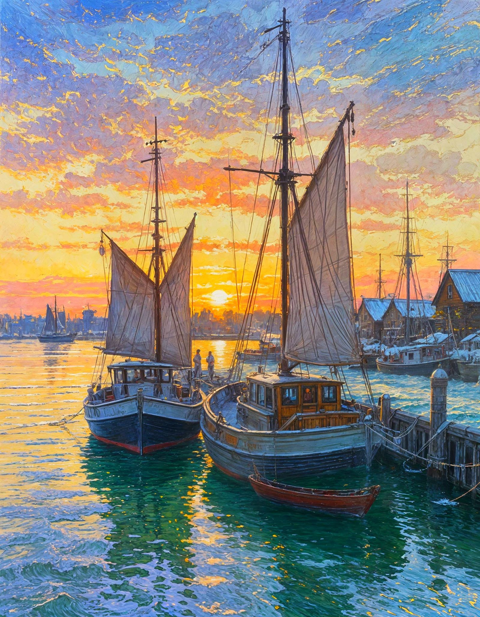 Boats at Harbor Dock During Golden Hour Sunset