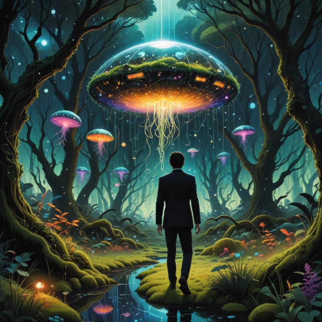 Surreal Man in Black Emerges from Portal