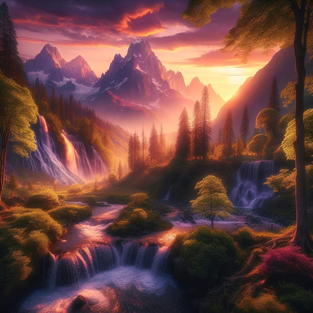 Serene Sunset Landscape with Majestic Mountains
