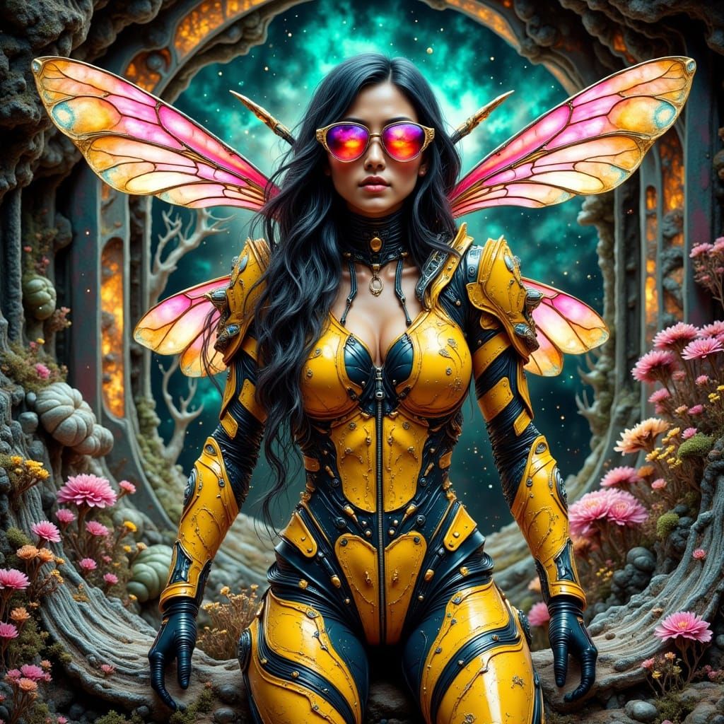 Surreal Bee Mech-Pilot Triumphs in Post-Apocalyptic Garden