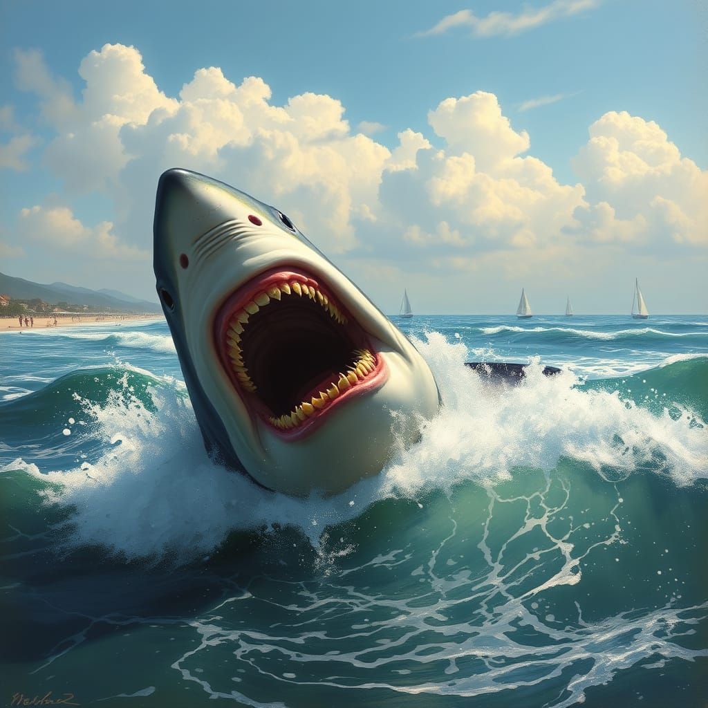 Dramatic Coastal Scene: Great White Shark in the Distance