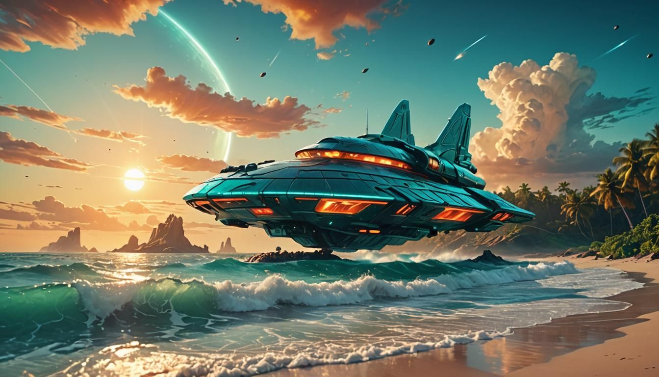 Romulan Ship Lands on Tropical Planet: Oil Painting
