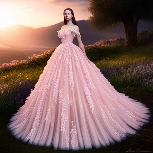 Pink Tulle Ballgown with Flower Motifs in Fantasy Art