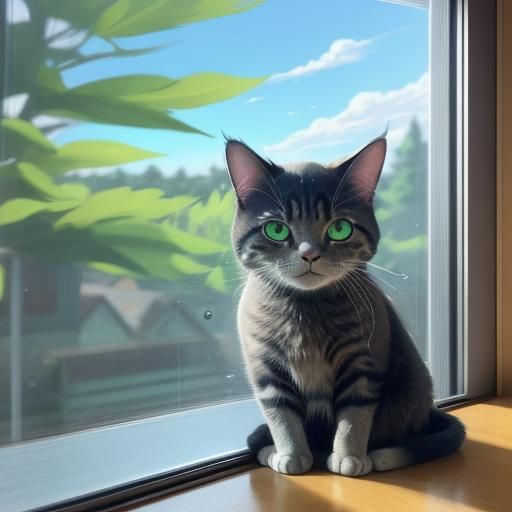 Anime Cat Gazing from Window in Manga Style