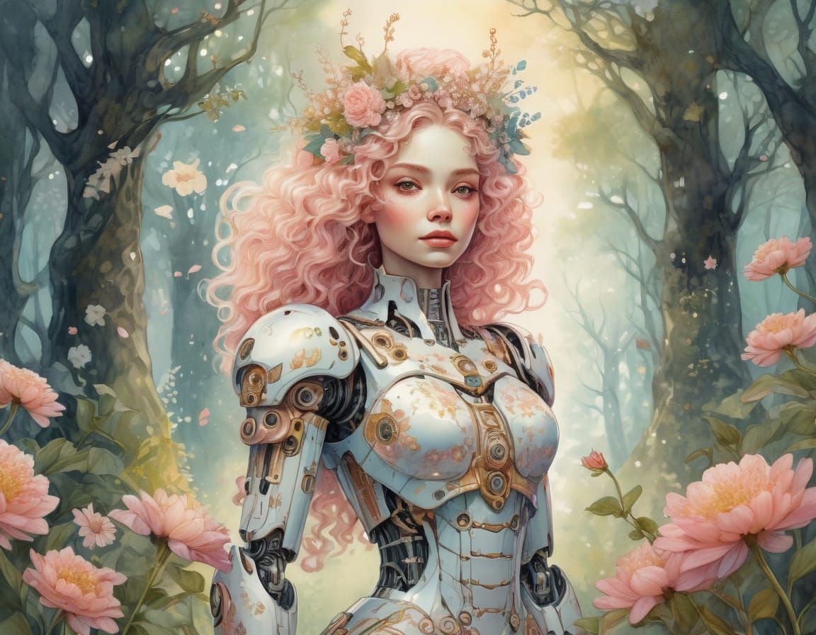 Whimsical Robot Maiden in Watercolor Wonderland