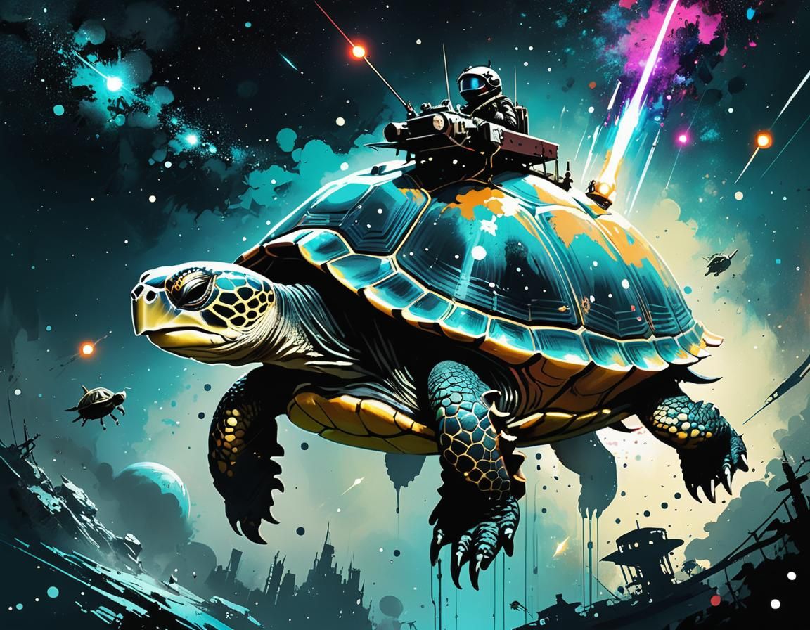 Great Turtle Flies Through Space in Dark Fantasy Style