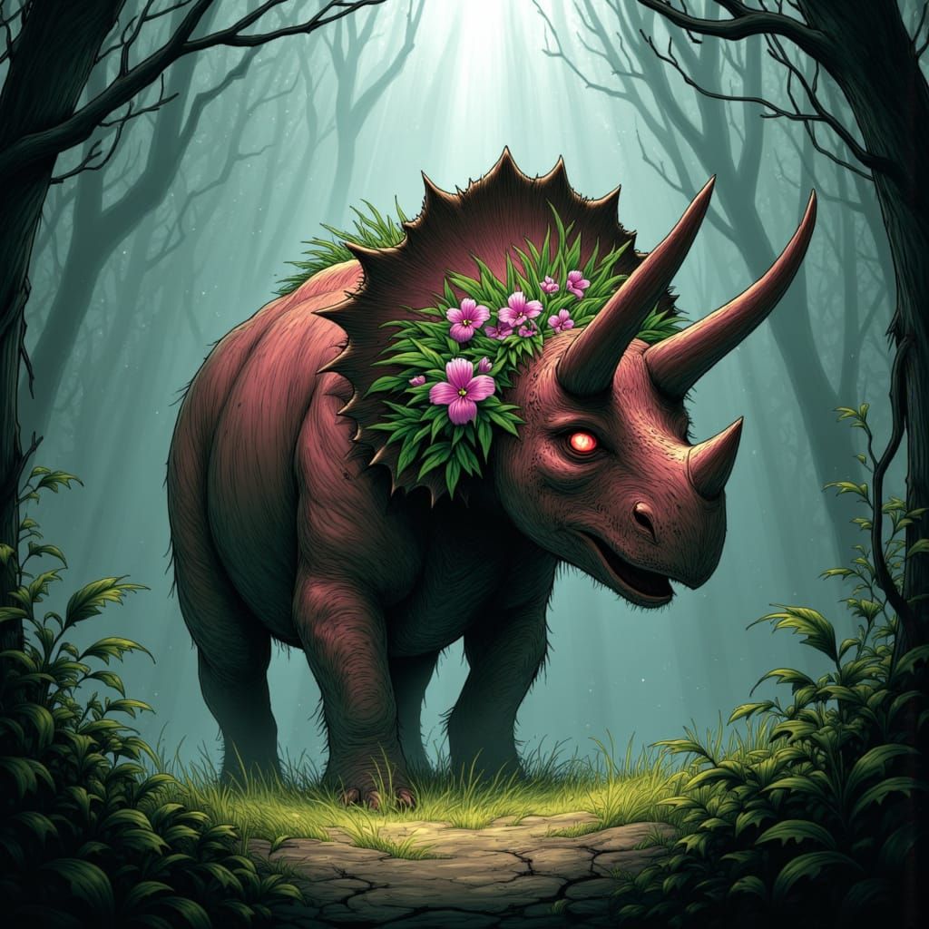 Bioluminescent Triceratops in Prehistoric Jungle