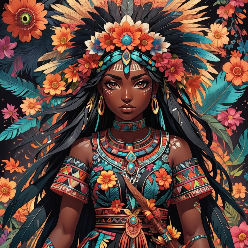 Anime Manga Aztec Girl with Obsidian Sword