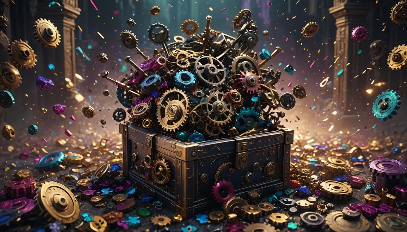 Ornate Box with Floating Metal Gears in Jewel Tones