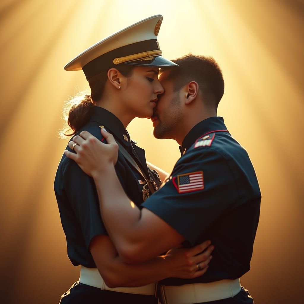 Marine and Man Embrace in Cinematic Golden Light