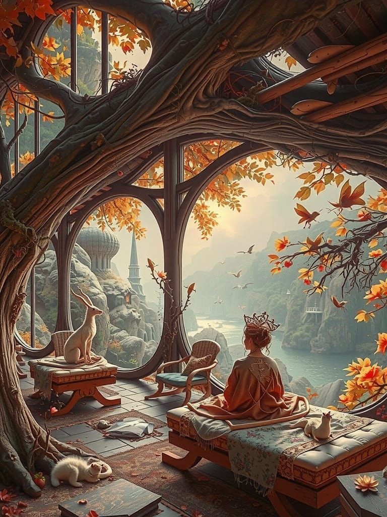 Surrealist Woman Contemplates Ethereal Landscape in Organic ...