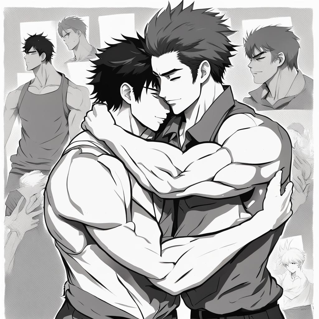 Anime Style: Buff Men in Heartfelt Embrace