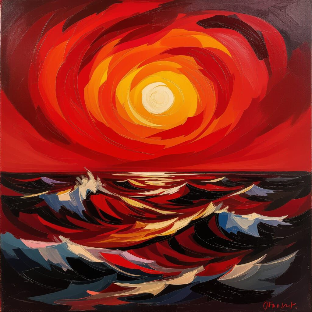 Expressionist Red Storm at Sea Painting