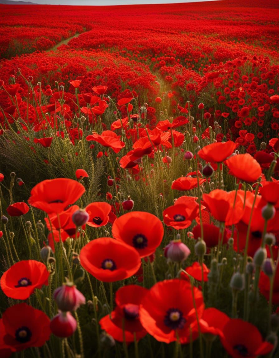 Vibrant Red Poppies Bloom in Vast Flower Field
