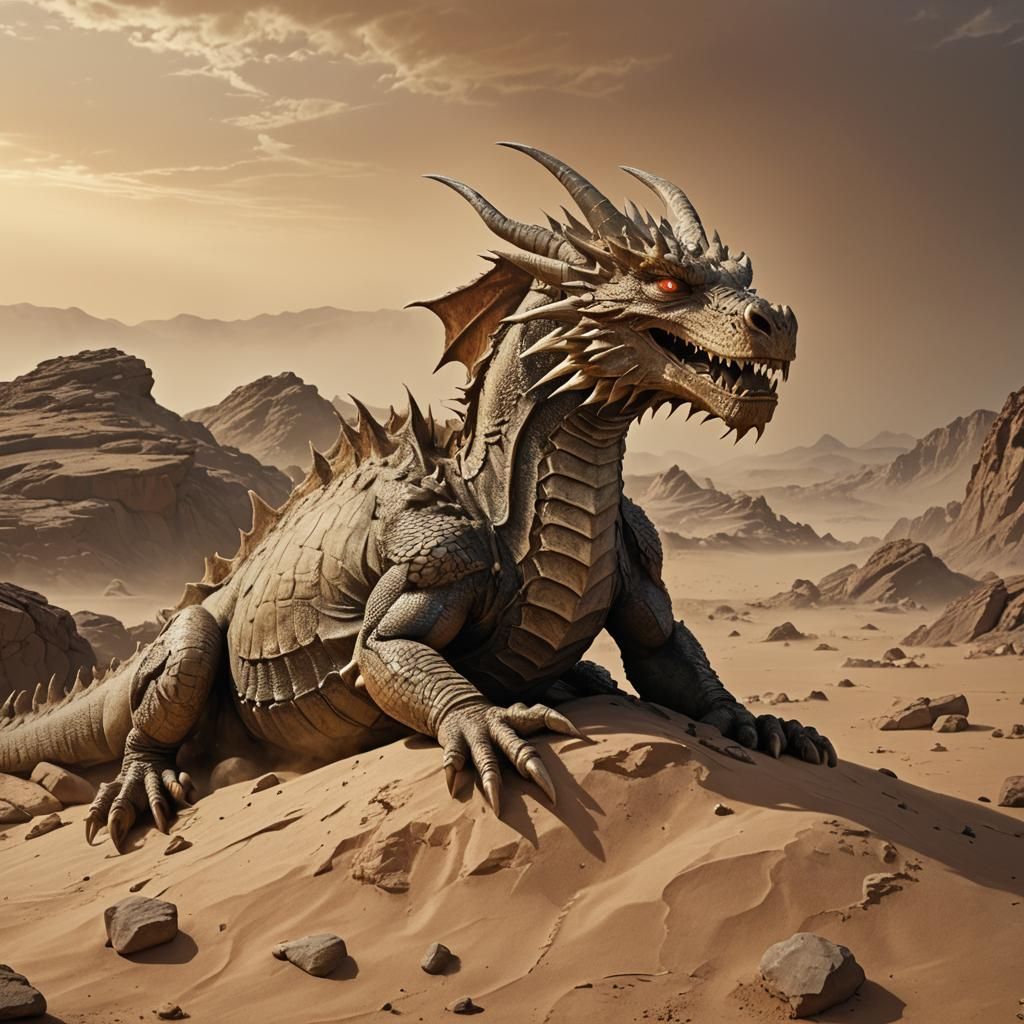 Exhausted Dragon Resting on Mars During Sandstorm
