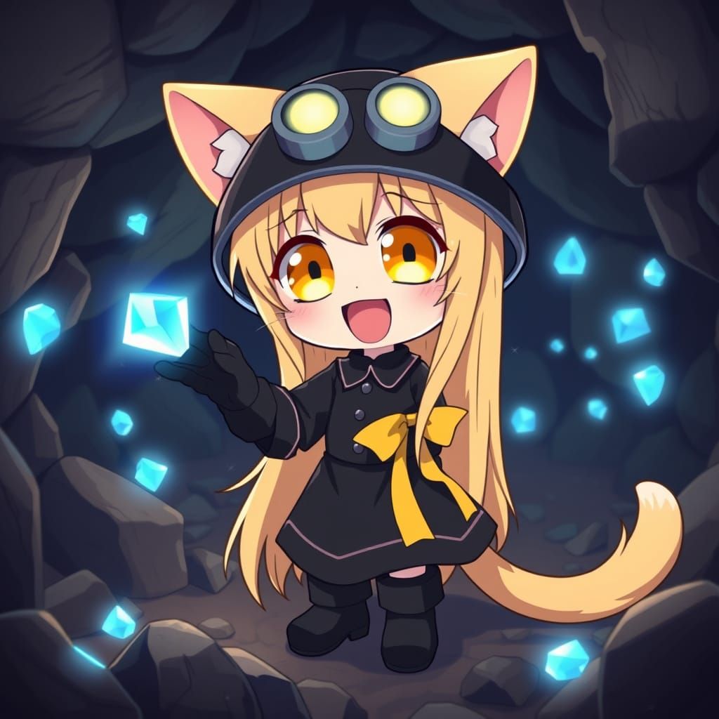 Fantasy Catgirl Mines Glowing Blue Diamonds