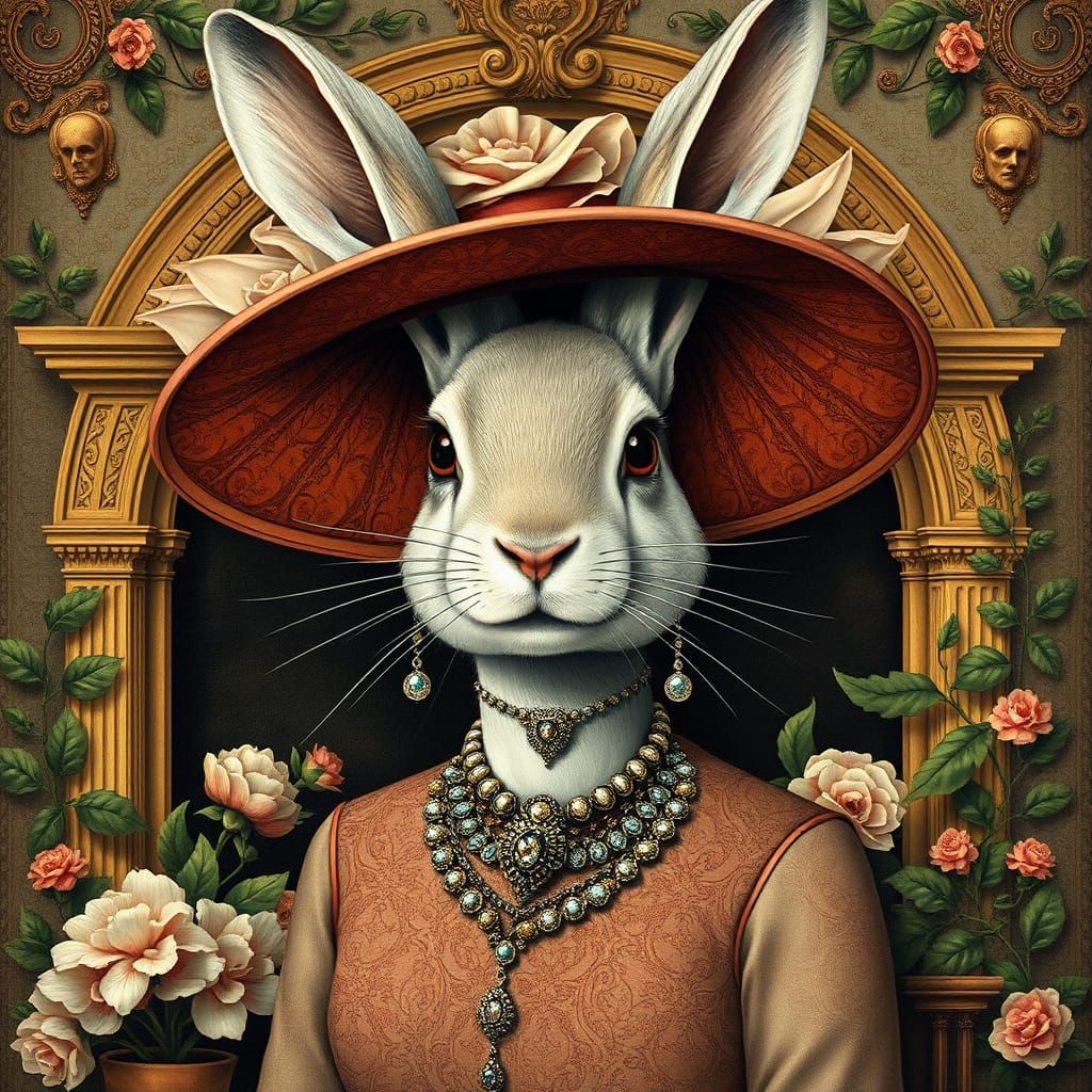 Elegant Rabbit Lady in Vintage Hat and Ornate Jewelry