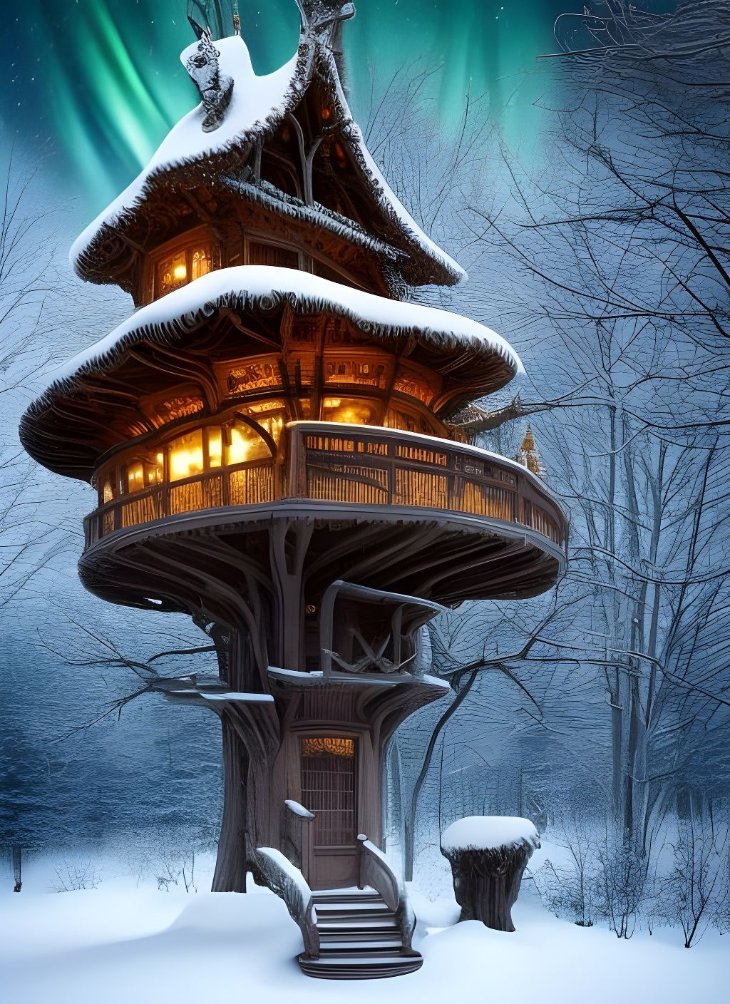 Winter Treehouse with Aurora Borealis in Hyperrealism
