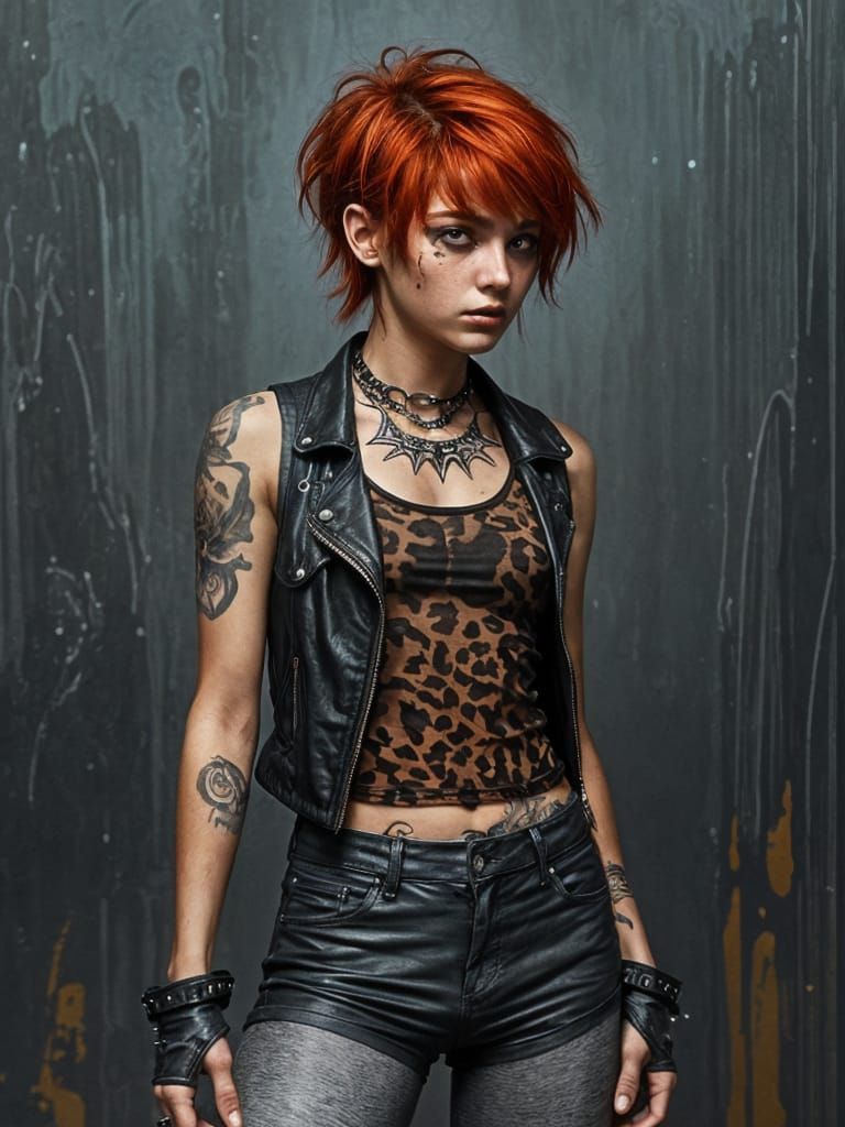 1980s Punk Girl with Spiderweb Tattoo, Horror Art