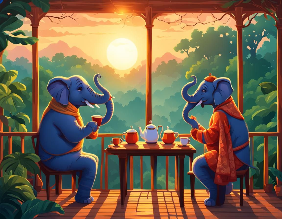 Humanoid Elephants' Jungle Tea Party in Pixar Style