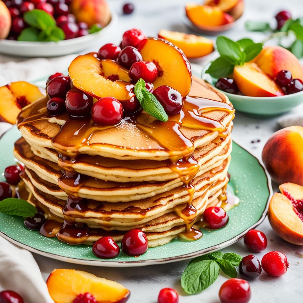 Golden Pancakes with Syrup, Peaches and Berries