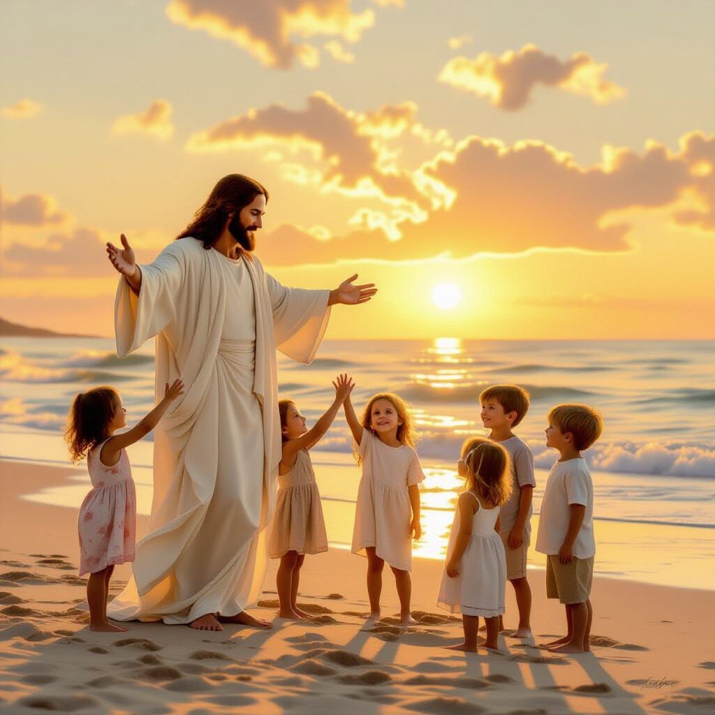 Jesus Welcomes Children on Sunrise Beach in Realism Style