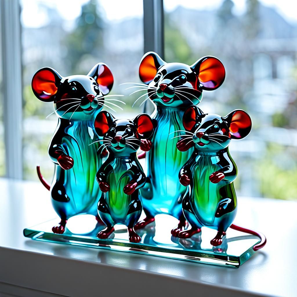 Blown Glass Mouse Family Sculpture