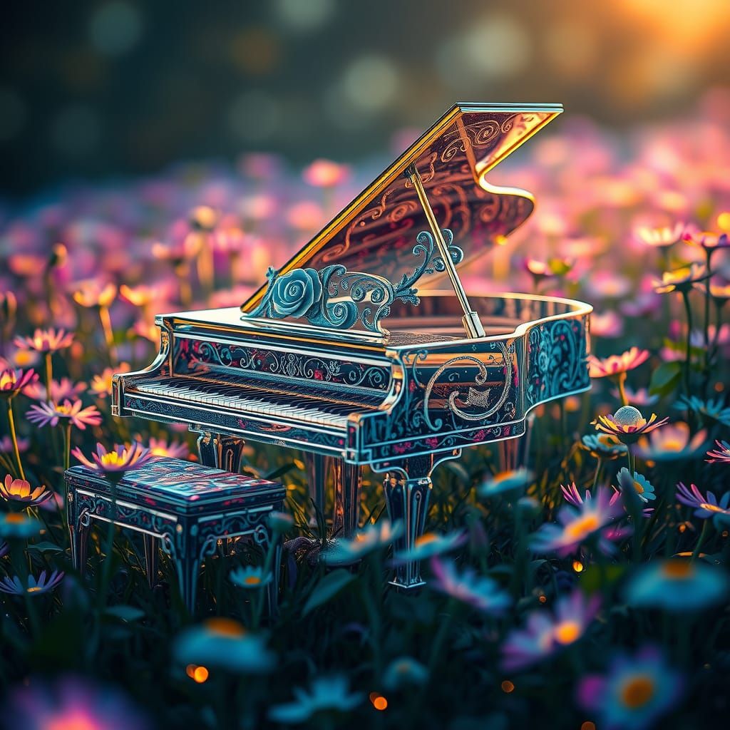 Bioluminescent Piano in Nebula Field: A Fantasy Scene