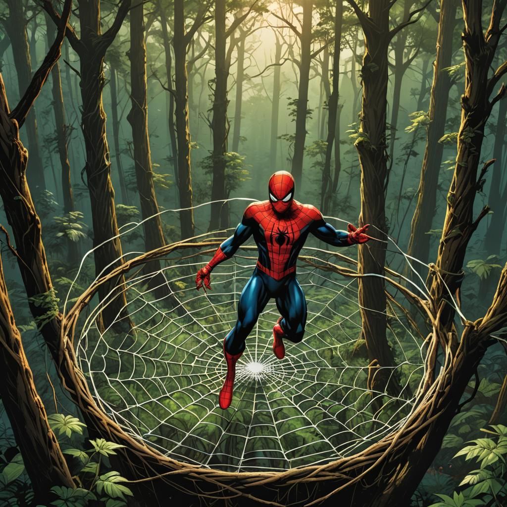 Spiderman standing on the net in the forest.