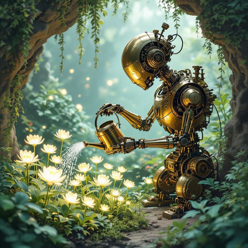 Brass Automaton Tends Bioluminescent Garden in Grotto