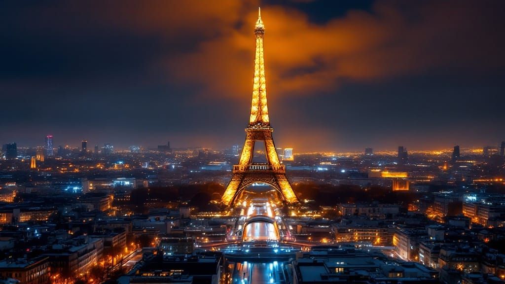 Eiffel Tower Nightscape in Golden Lights