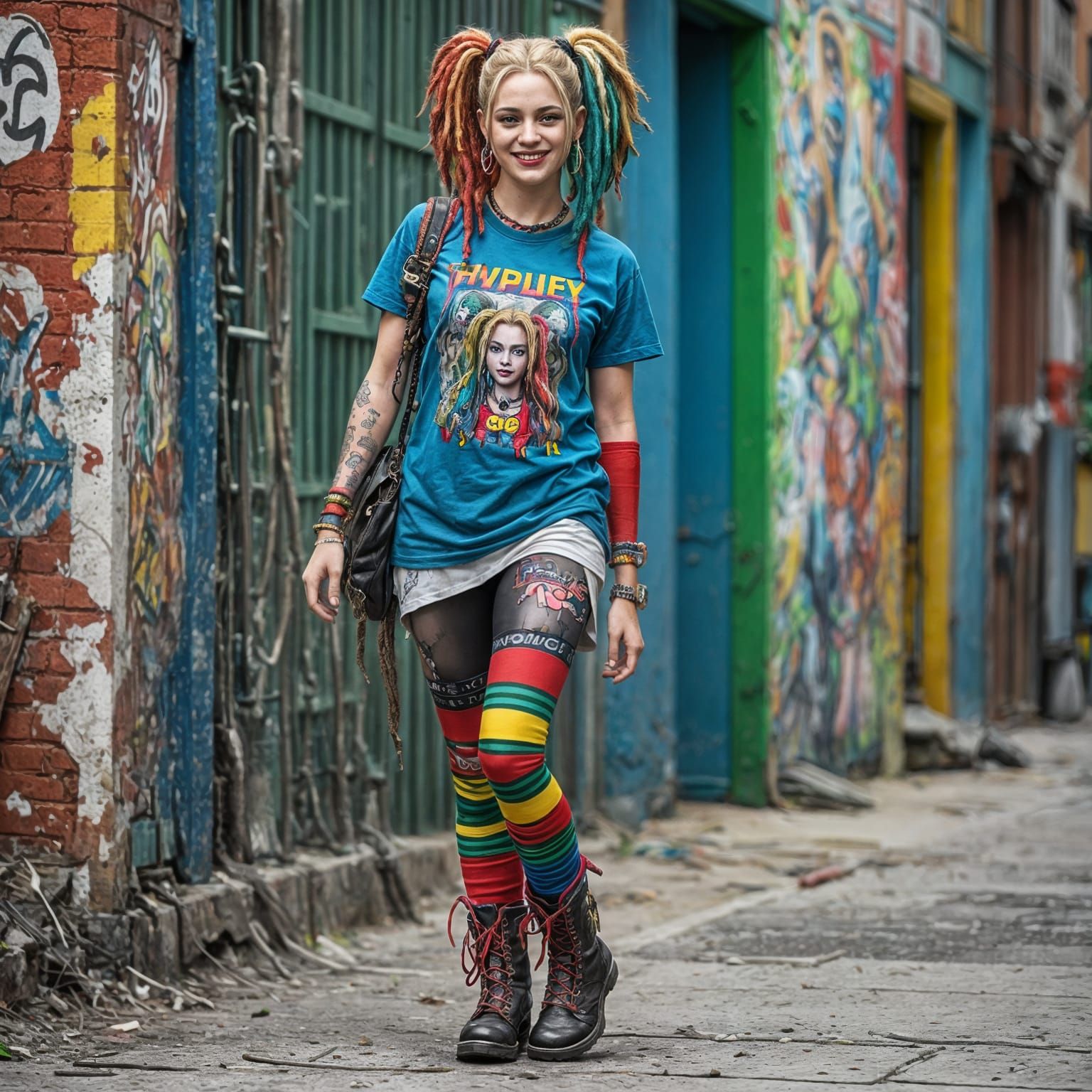 Hyperrealistic Harley Quinn with Colorful Dreadlocks