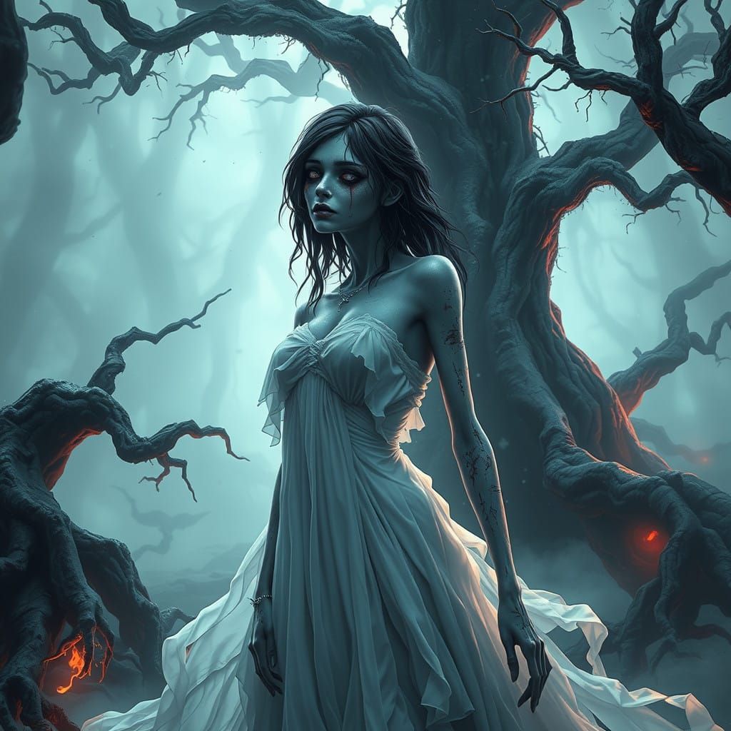 Ethereal Zombie Maiden in Mournful Elegance