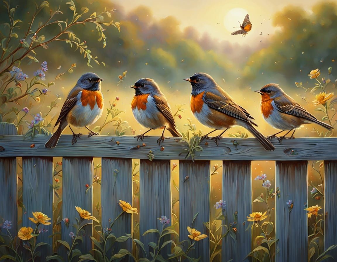 Vibrant Oil Painting of Birds on a Fence