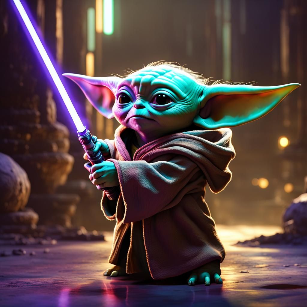 Baby Yoda with Lightsaber in Dark Fantasy Style
