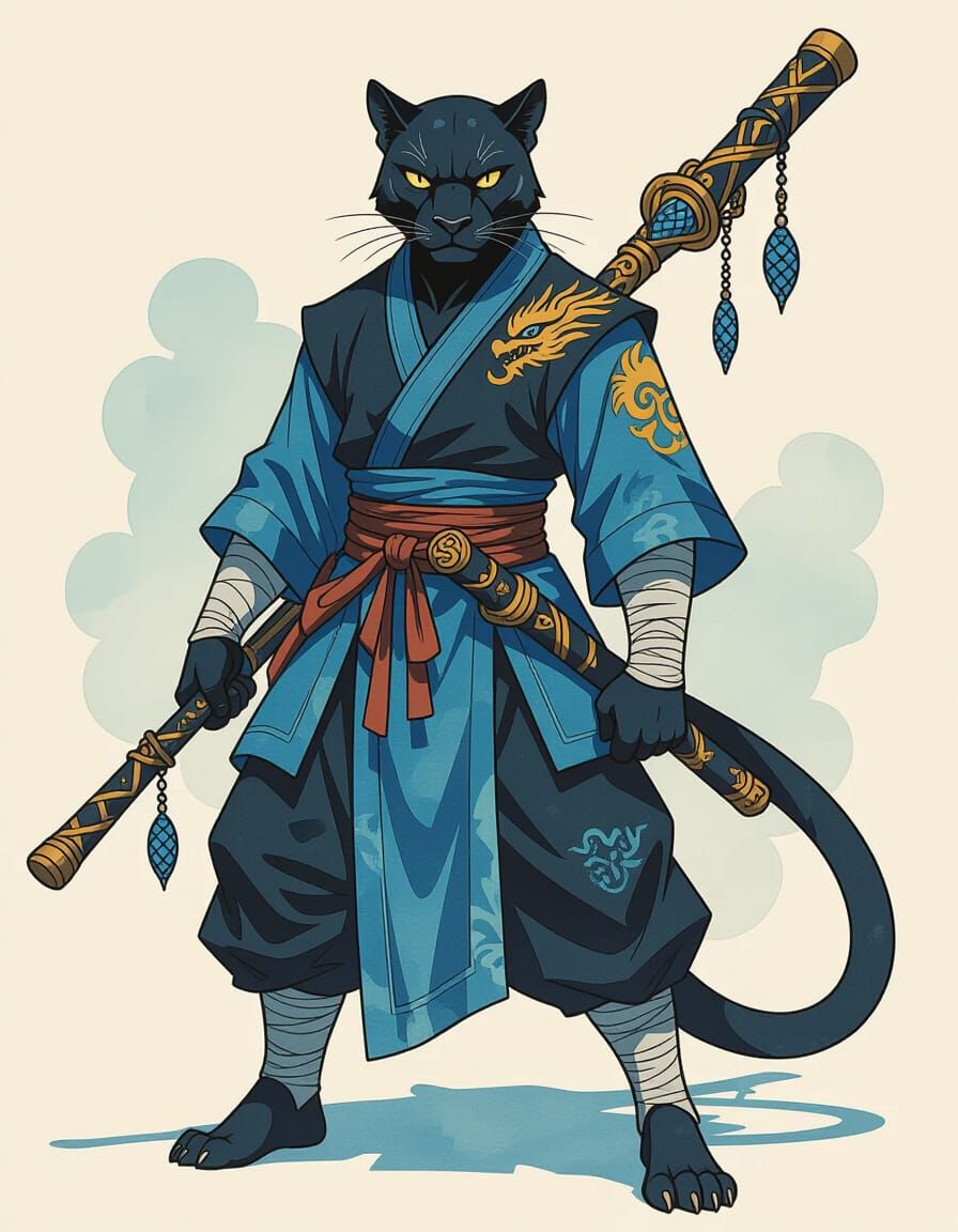 Panther Monk in Aquarelle Digital Painting Style
