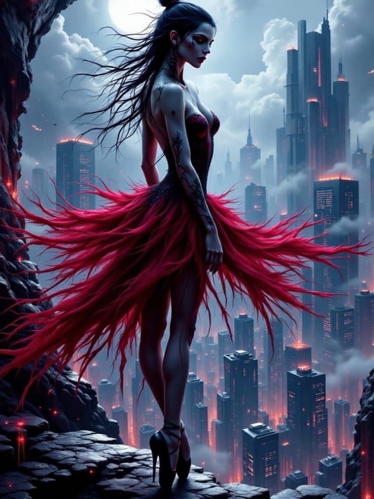 Ethereal Vampiress Ballerina on City Precipice