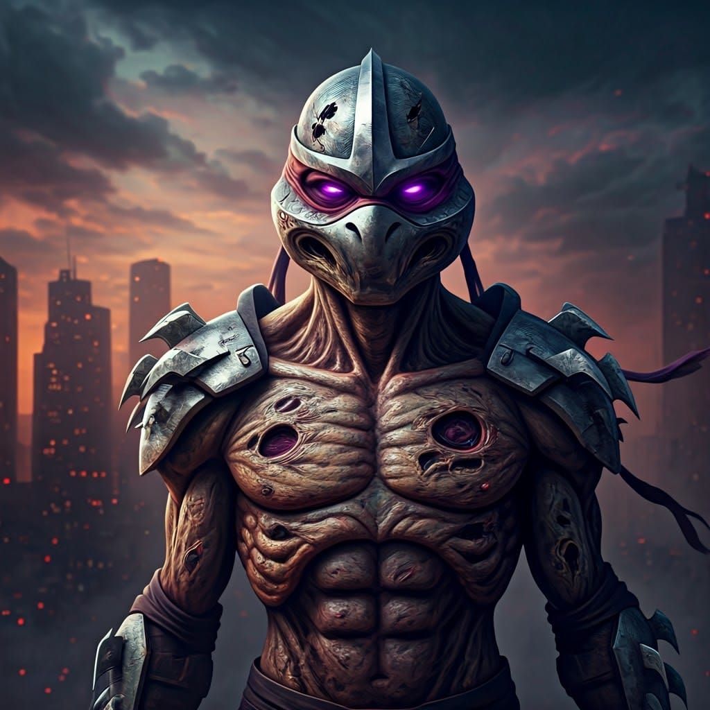 Undead Shredder Radiating Neon Aura in Apocalyptic City