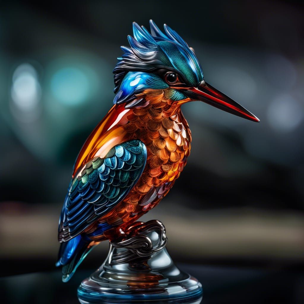 Hyperrealistic Blown Glass Kingfisher Sculpture