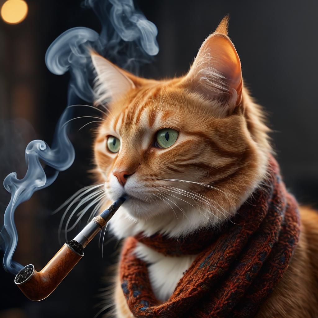 Orange Cat Smoking Pipe Portrait in 4K
