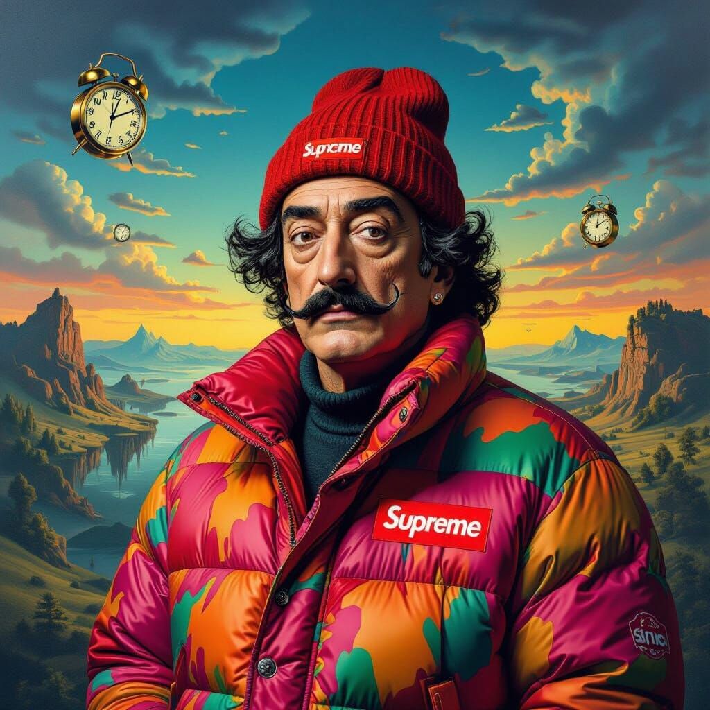 Salvador Dali in Supreme Jacket, Surreal Dreamscape