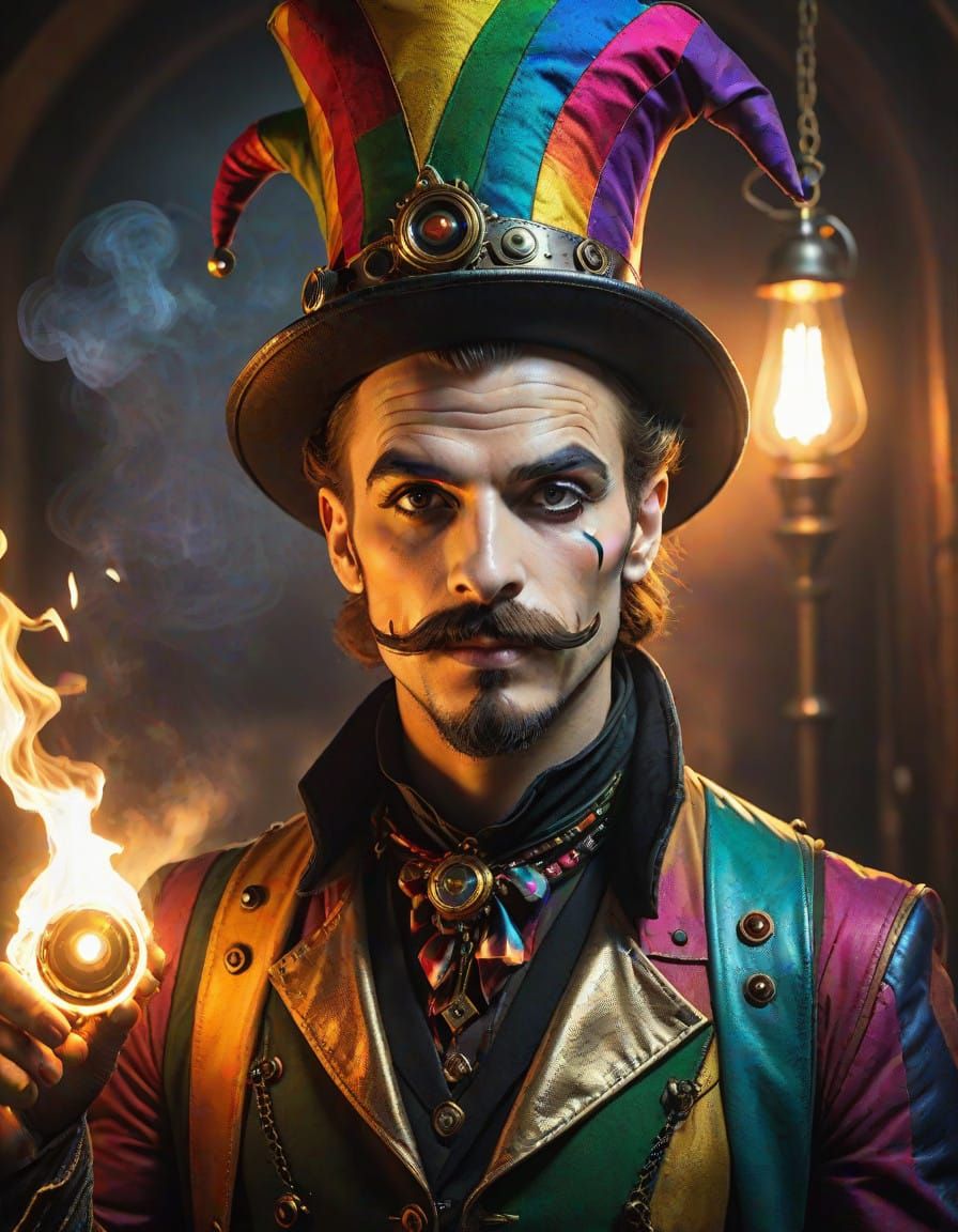 Steampunk Court Jester in Vibrant Medieval Setting
