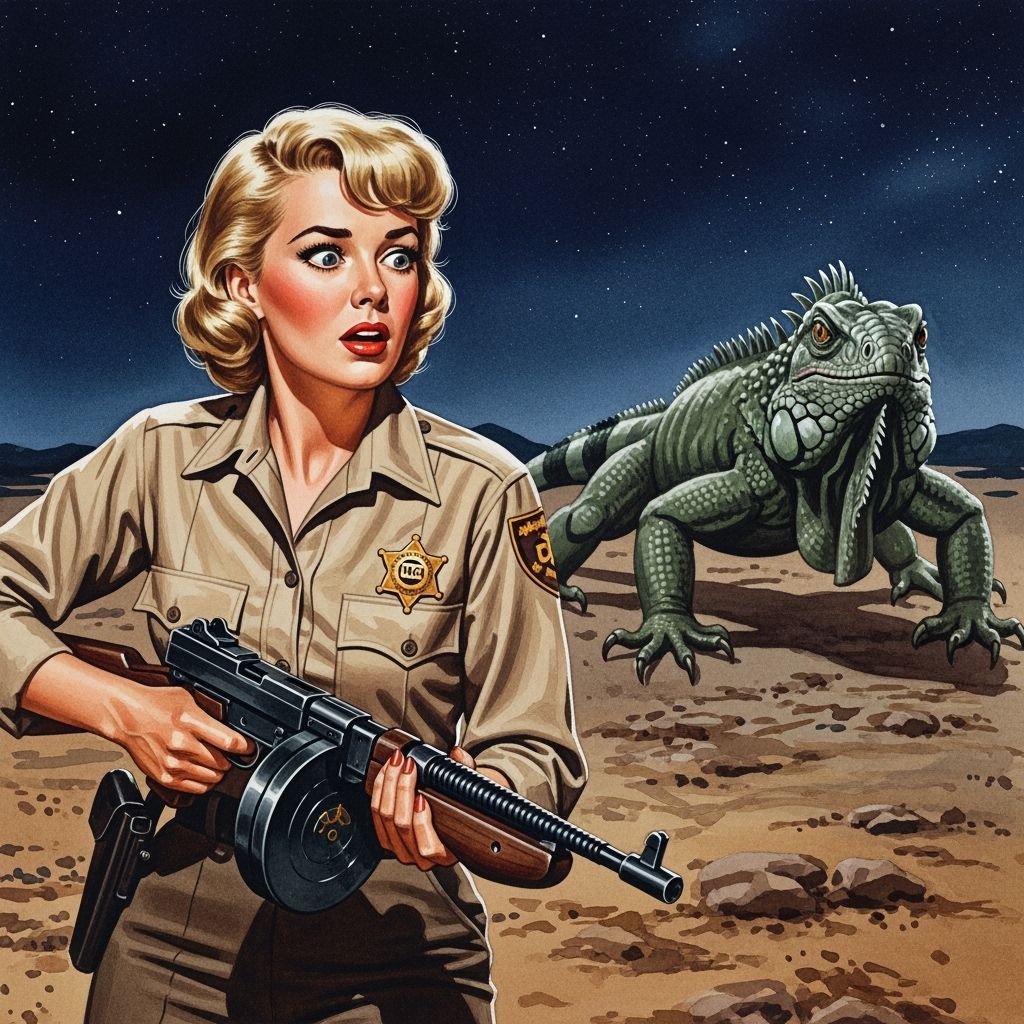Sheriff Confronts Desert Monster: 1950s Horror Art